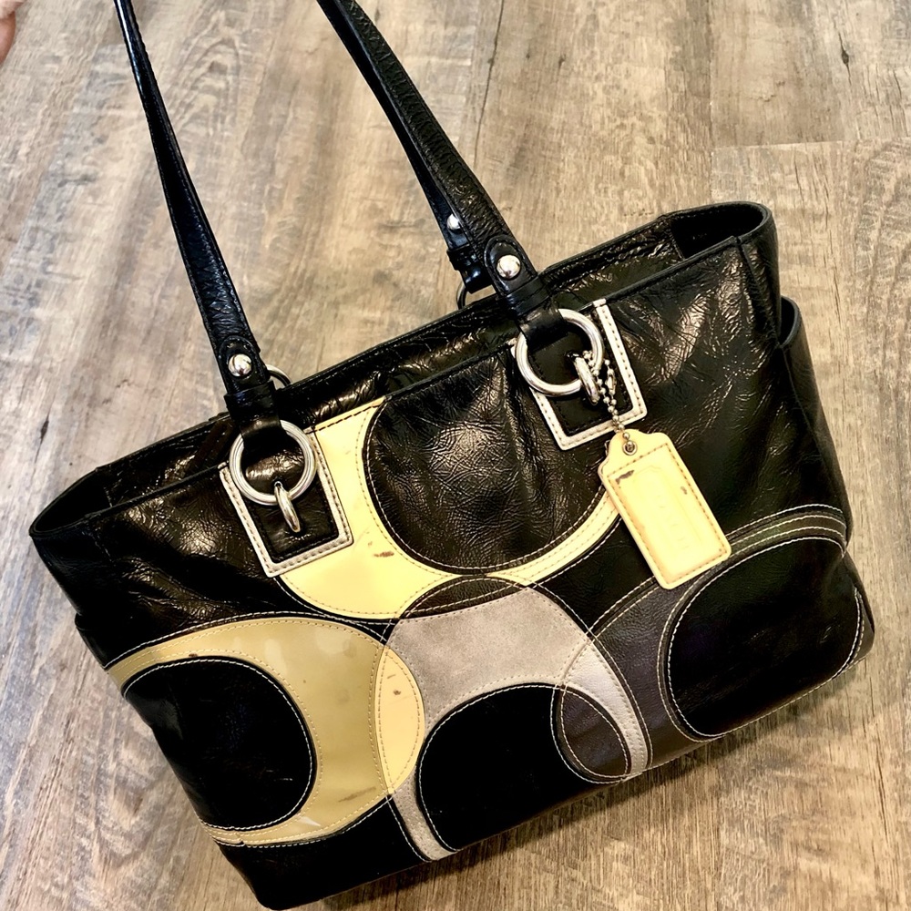 COACH⚡️Auth Cs Inlaid Pattern Leather Tote Bag